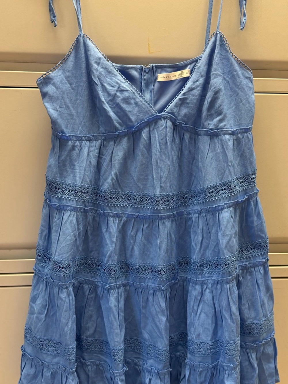 Altar'd State “Rosella” Cornflower Blue Tiered Sundress with Lace Accents